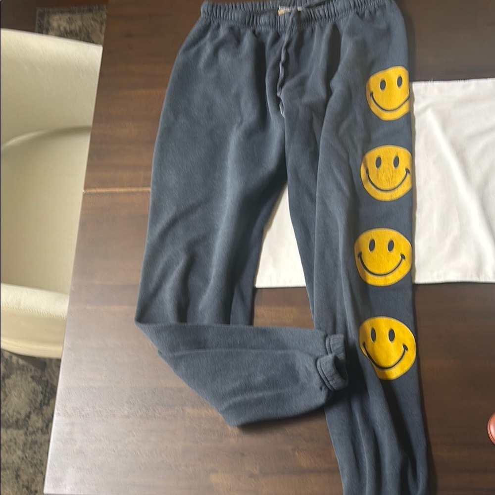 Aviator Nation Gray Joggers with Yellow Smiley Faces